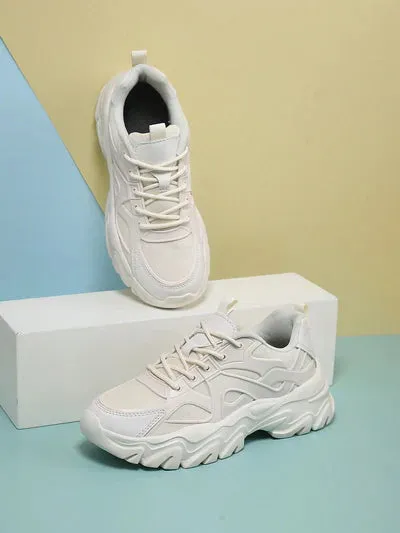 Sporty Beige Chunky Shoes For Women, Patch Decor Lace Up Fabric Sneakers