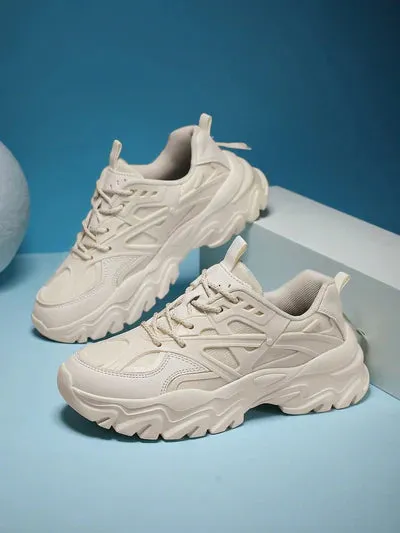 Sporty Beige Chunky Shoes For Women, Patch Decor Lace Up Fabric Sneakers