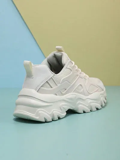 Sporty Beige Chunky Shoes For Women, Patch Decor Lace Up Fabric Sneakers