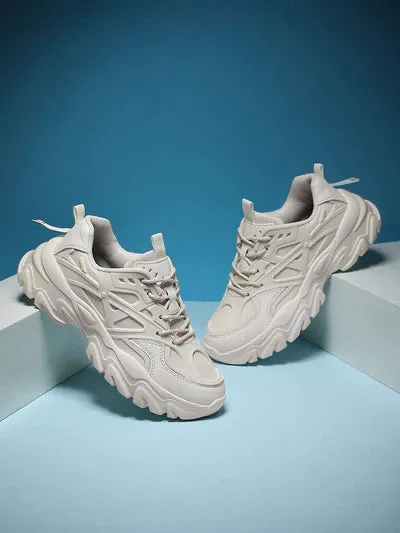Sporty Beige Chunky Shoes For Women, Patch Decor Lace Up Fabric Sneakers