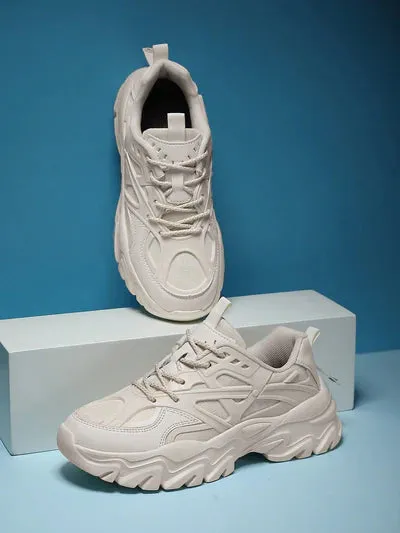 Sporty Beige Chunky Shoes For Women, Patch Decor Lace Up Fabric Sneakers