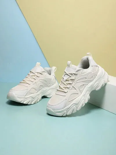 Sporty Beige Chunky Shoes For Women, Patch Decor Lace Up Fabric Sneakers