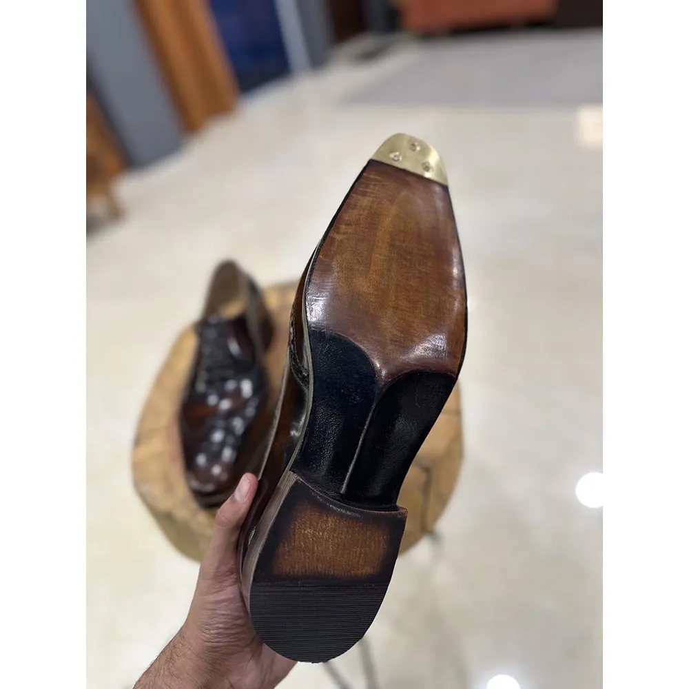 Tan Brushed Calf Goodyear Welted Full Brogue Square Toe Oxford With Goodyear Welted Fiddle Back Sole   Metal Toe
