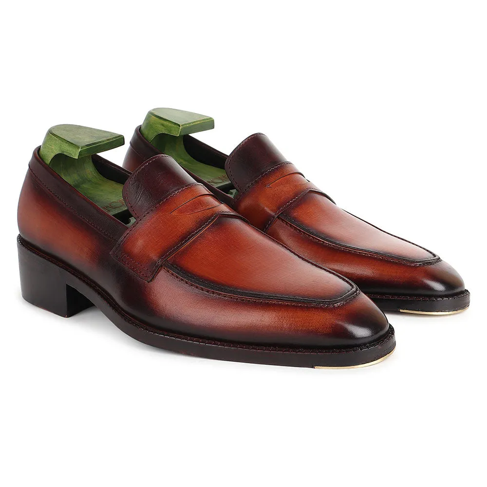 Tan Goodyear Welted Mirror Glossed Patina Penny Loafers   Fiddle Back Waist   Metal Toe