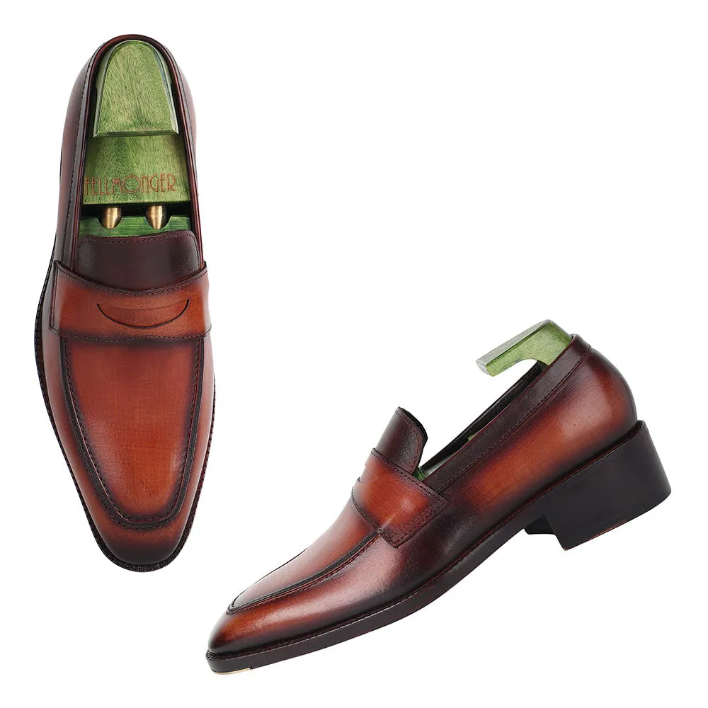 Tan Goodyear Welted Mirror Glossed Patina Penny Loafers   Fiddle Back Waist   Metal Toe