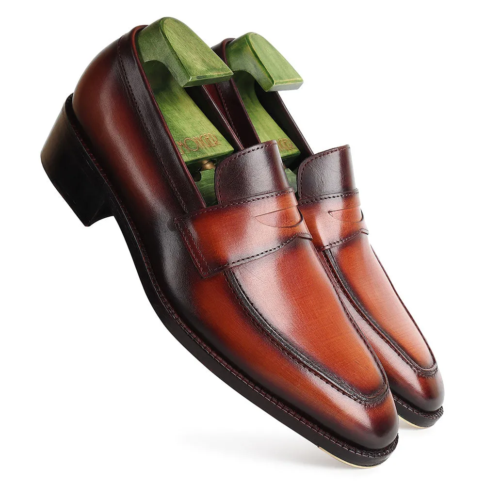 Tan Goodyear Welted Mirror Glossed Patina Penny Loafers   Fiddle Back Waist   Metal Toe