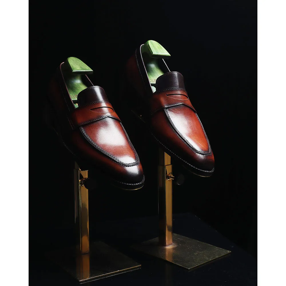 Tan Goodyear Welted Mirror Glossed Patina Penny Loafers   Fiddle Back Waist   Metal Toe