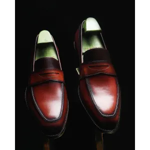 Tan Goodyear Welted Mirror Glossed Patina Penny Loafers   Fiddle Back Waist   Metal Toe