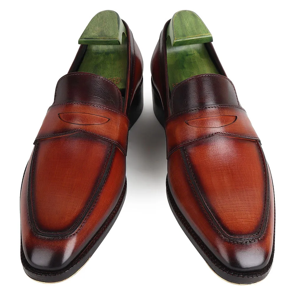 Tan Goodyear Welted Mirror Glossed Patina Penny Loafers   Fiddle Back Waist   Metal Toe