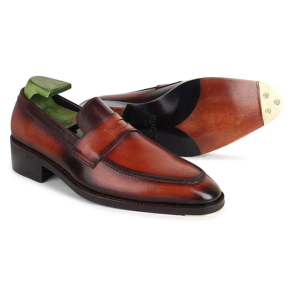 Tan Goodyear Welted Mirror Glossed Patina Penny Loafers   Fiddle Back Waist   Metal Toe