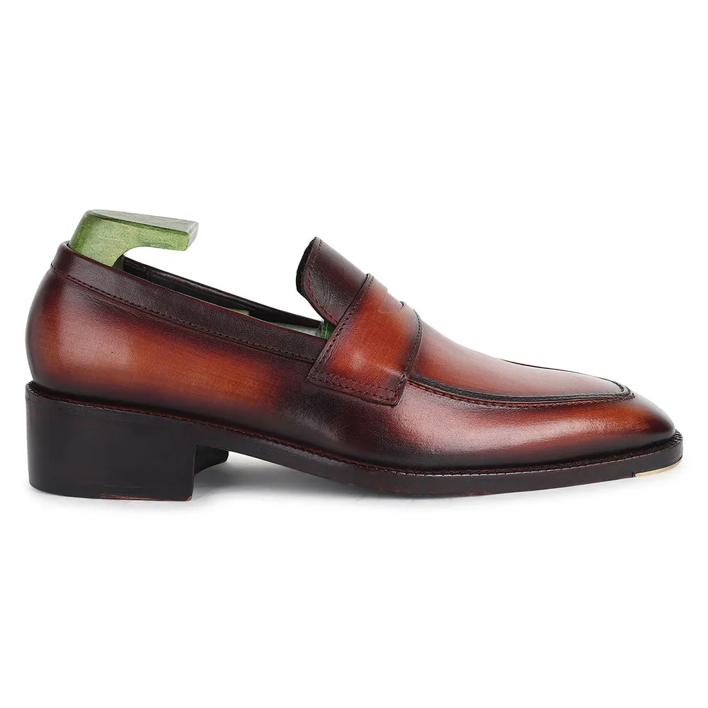 Tan Goodyear Welted Mirror Glossed Patina Penny Loafers   Fiddle Back Waist   Metal Toe