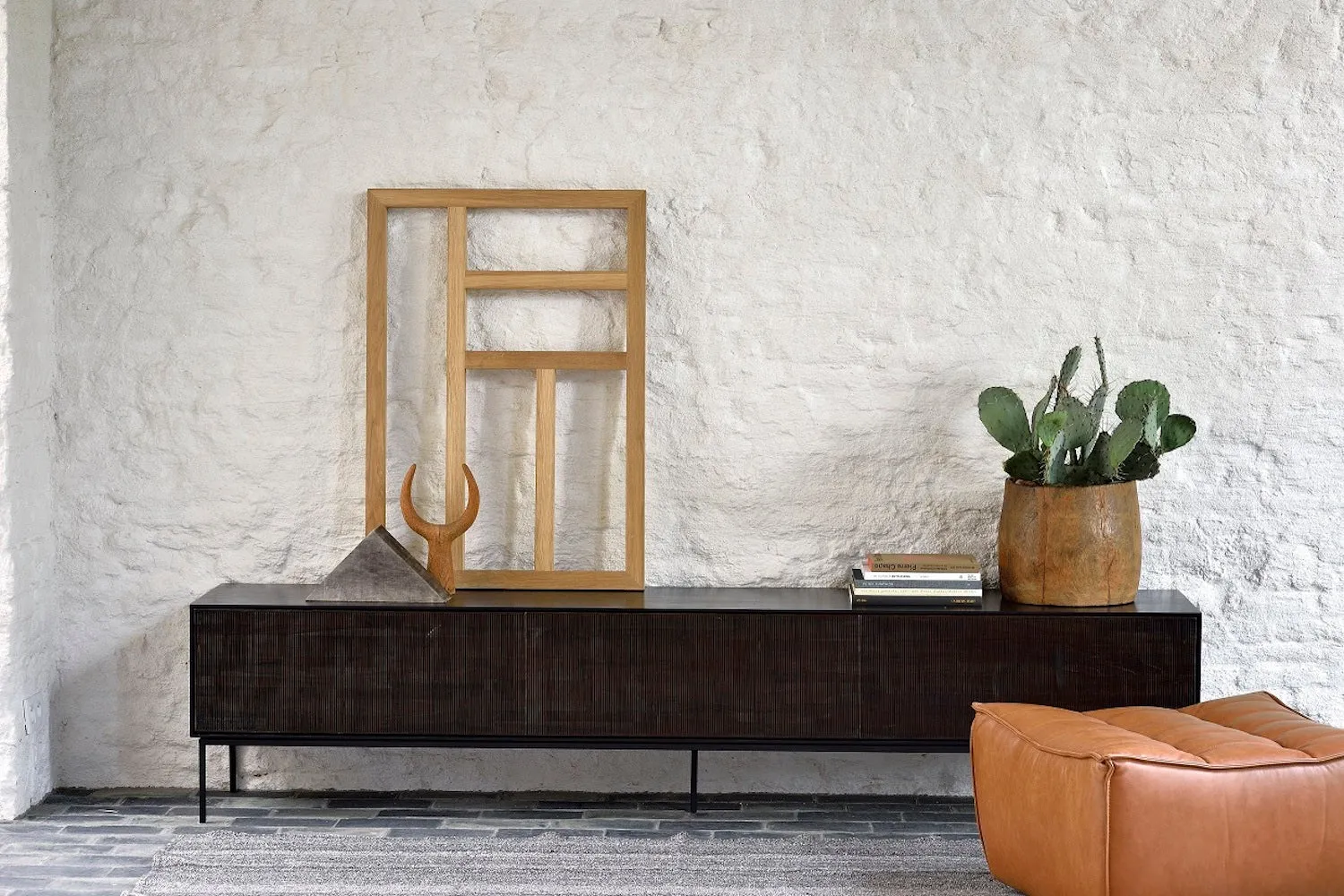 Teak Grooves Black TV Cupboard - Varnished