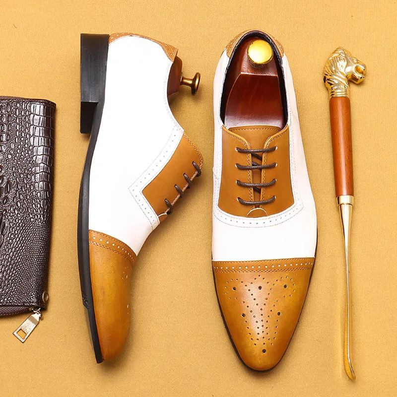 Top Layer Cowhide Men's Leather Shoes White Brogue Leather Shoes Men's Gentleman Bridegroom Suit Business Formal Wear Genuine Leather Wedding Shoes20616
