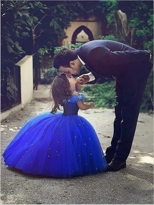 Tulle Off Shoulder Crystal Flower Girl Dresses Ball Gown Floor Length