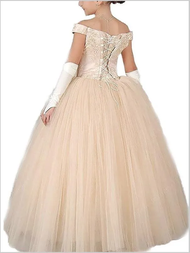 Tulle Off Shoulder Flower Girl Dresses Floor Length Ball Gown With Applique