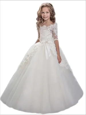 Tulle Off Shoulder Short Sleeves Flower Girl Dresses Floor Length Ball Gown With Applique