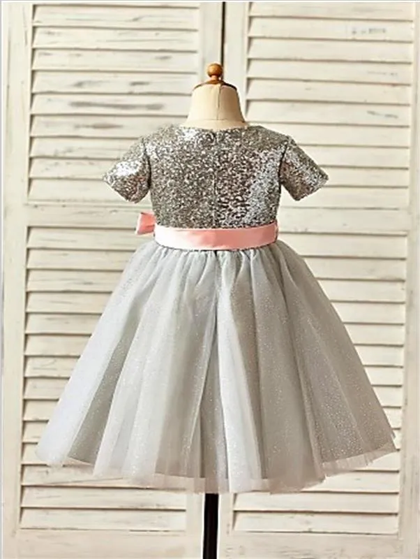 Tulle Short Sleeves Sequin Flower Girl Dresses Tea Length Ball Gown With Bowknot