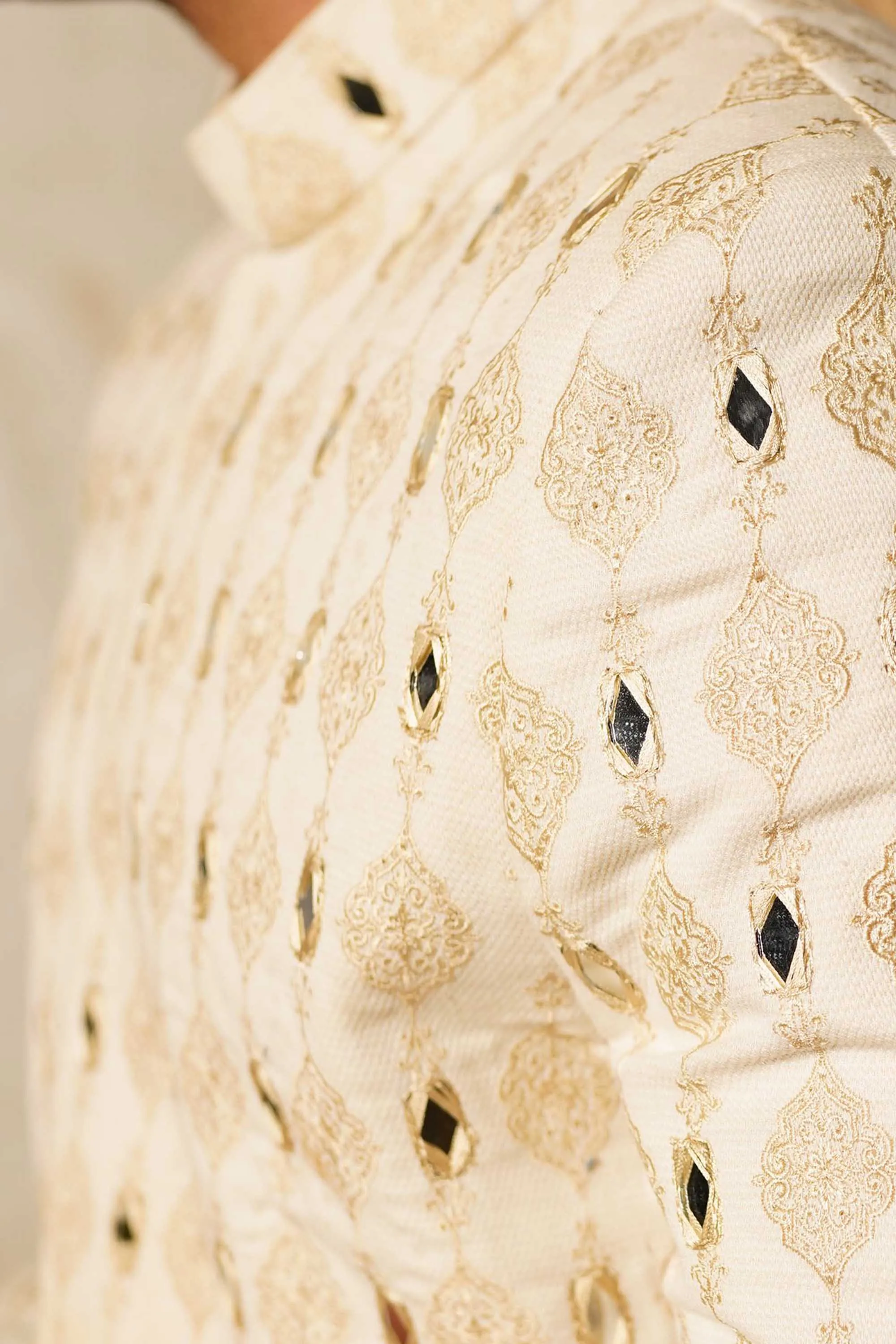 White Beige Motif Mirror Embroidered Sherwani
