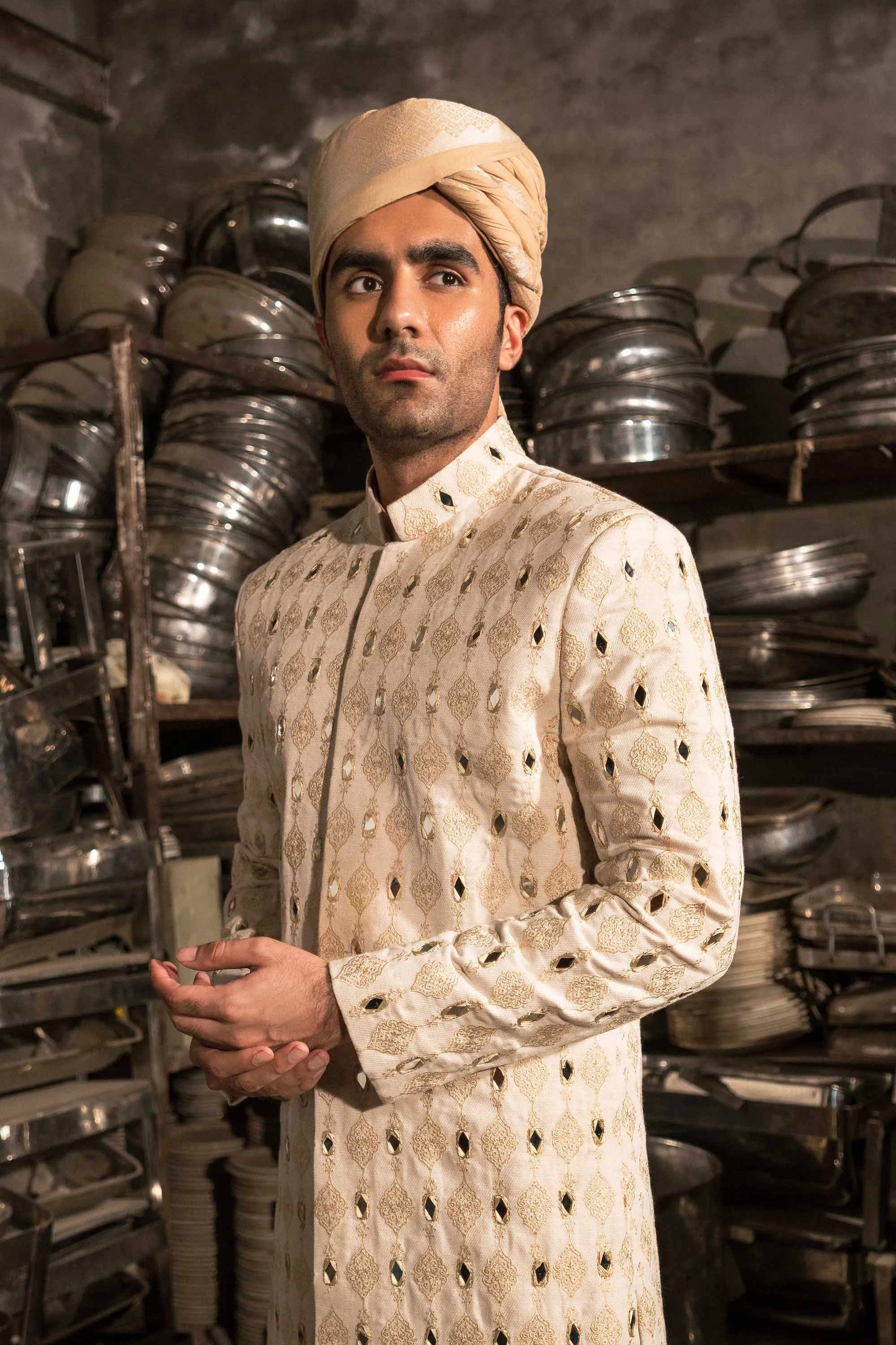 White Beige Motif Mirror Embroidered Sherwani