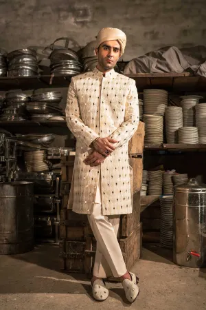 White Beige Motif Mirror Embroidered Sherwani
