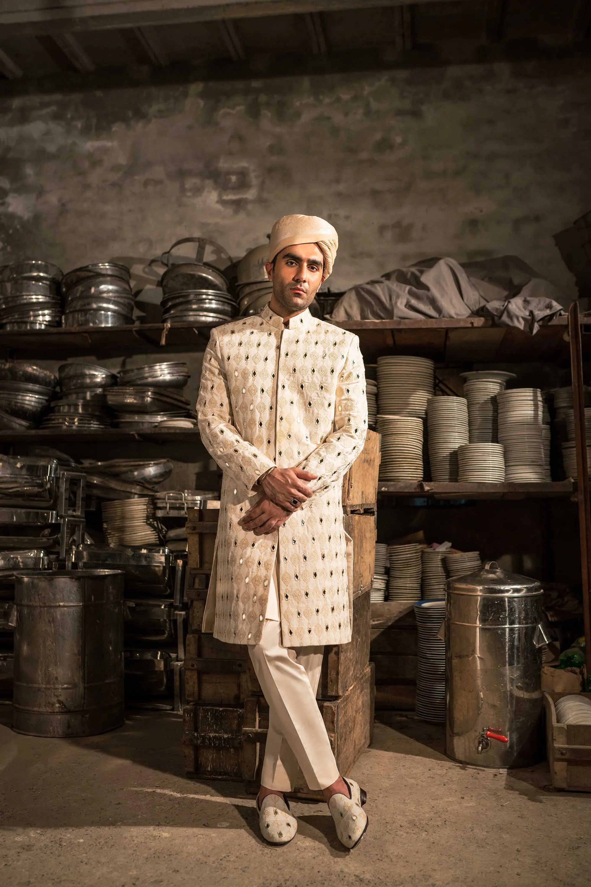 White Beige Motif Mirror Embroidered Sherwani