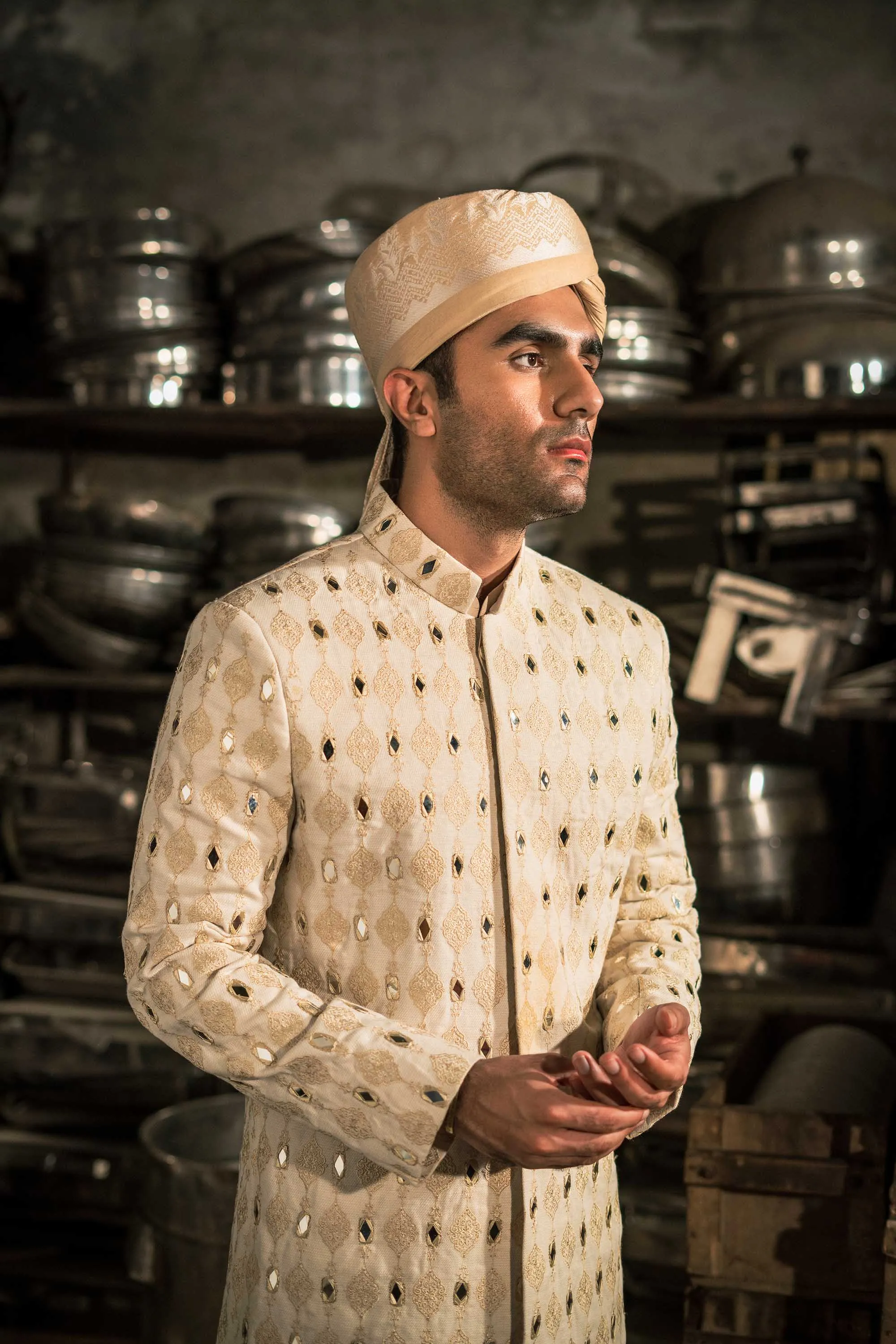 White Beige Motif Mirror Embroidered Sherwani