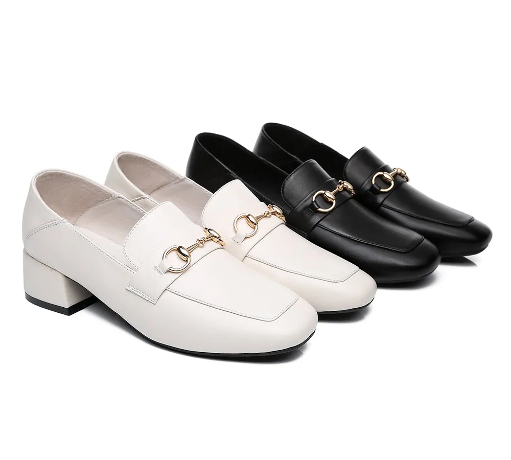 Women Leather Gold Buckle Low Block Heel Loafers Mia