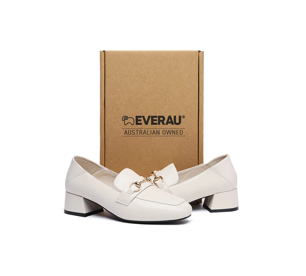 Women Leather Gold Buckle Low Block Heel Loafers Mia