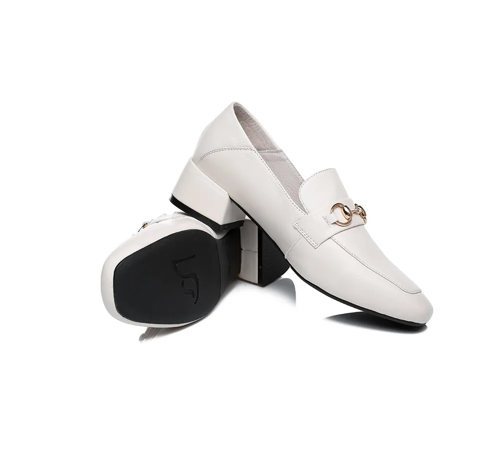 Women Leather Gold Buckle Low Block Heel Loafers Mia
