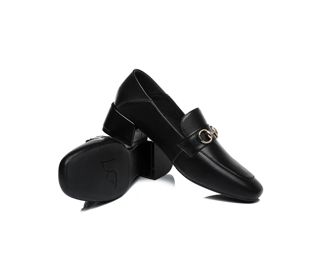 Women Leather Gold Buckle Low Block Heel Loafers Mia