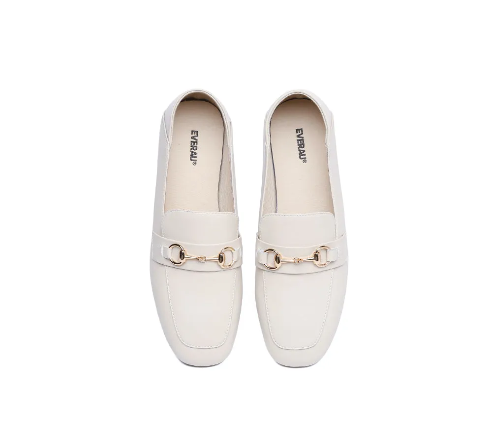 Women Leather Gold Buckle Low Block Heel Loafers Mia