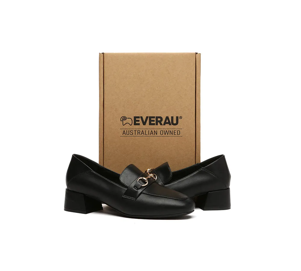 Women Leather Gold Buckle Low Block Heel Loafers Mia
