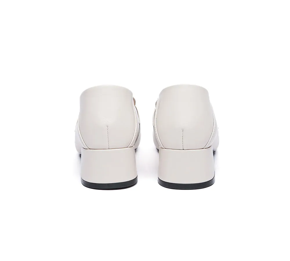 Women Leather Gold Buckle Low Block Heel Loafers Mia