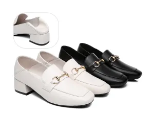 Women Leather Gold Buckle Low Block Heel Loafers Mia
