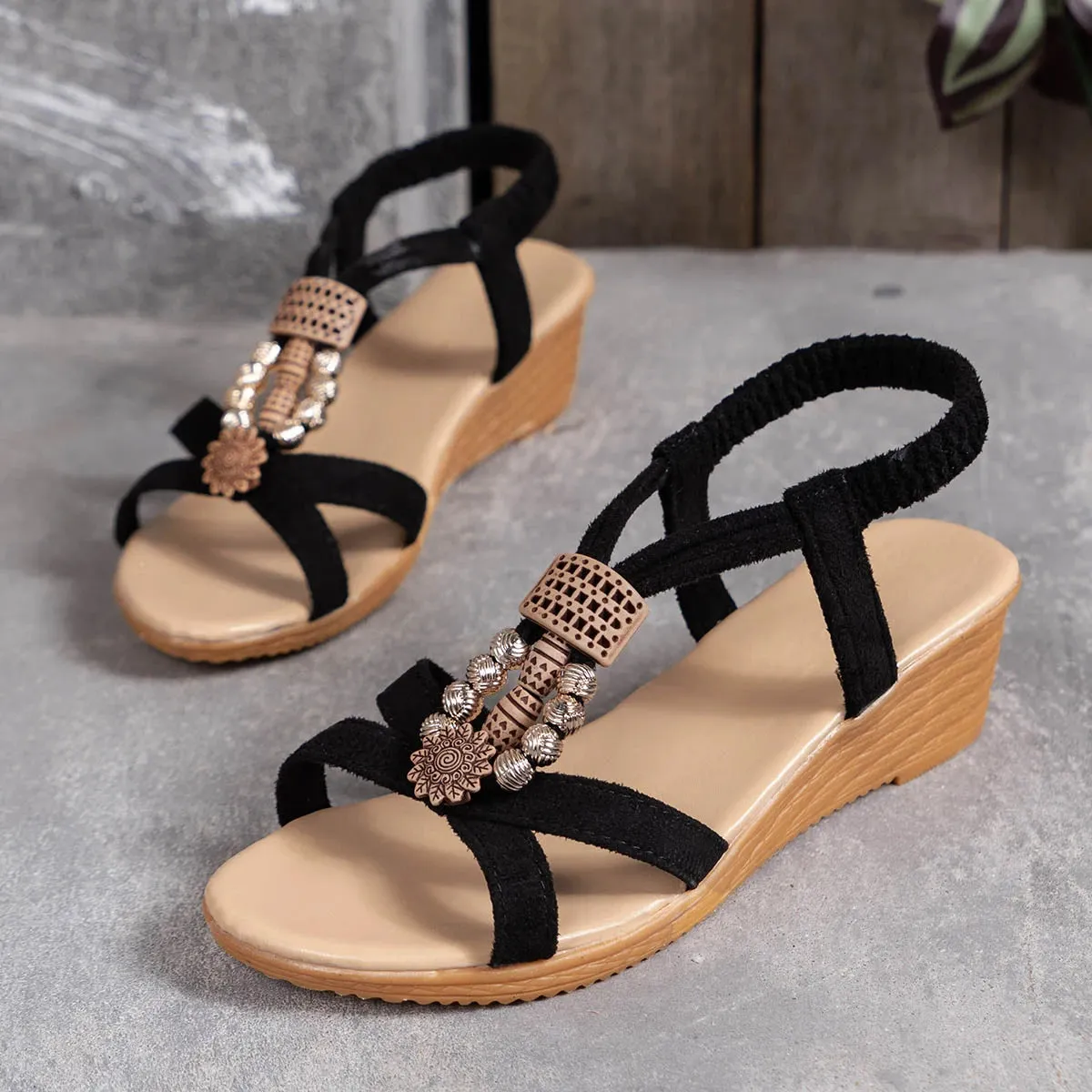 Women Sandals Solid Color Wedge Sandals  New Ankle Buckle Non Slip