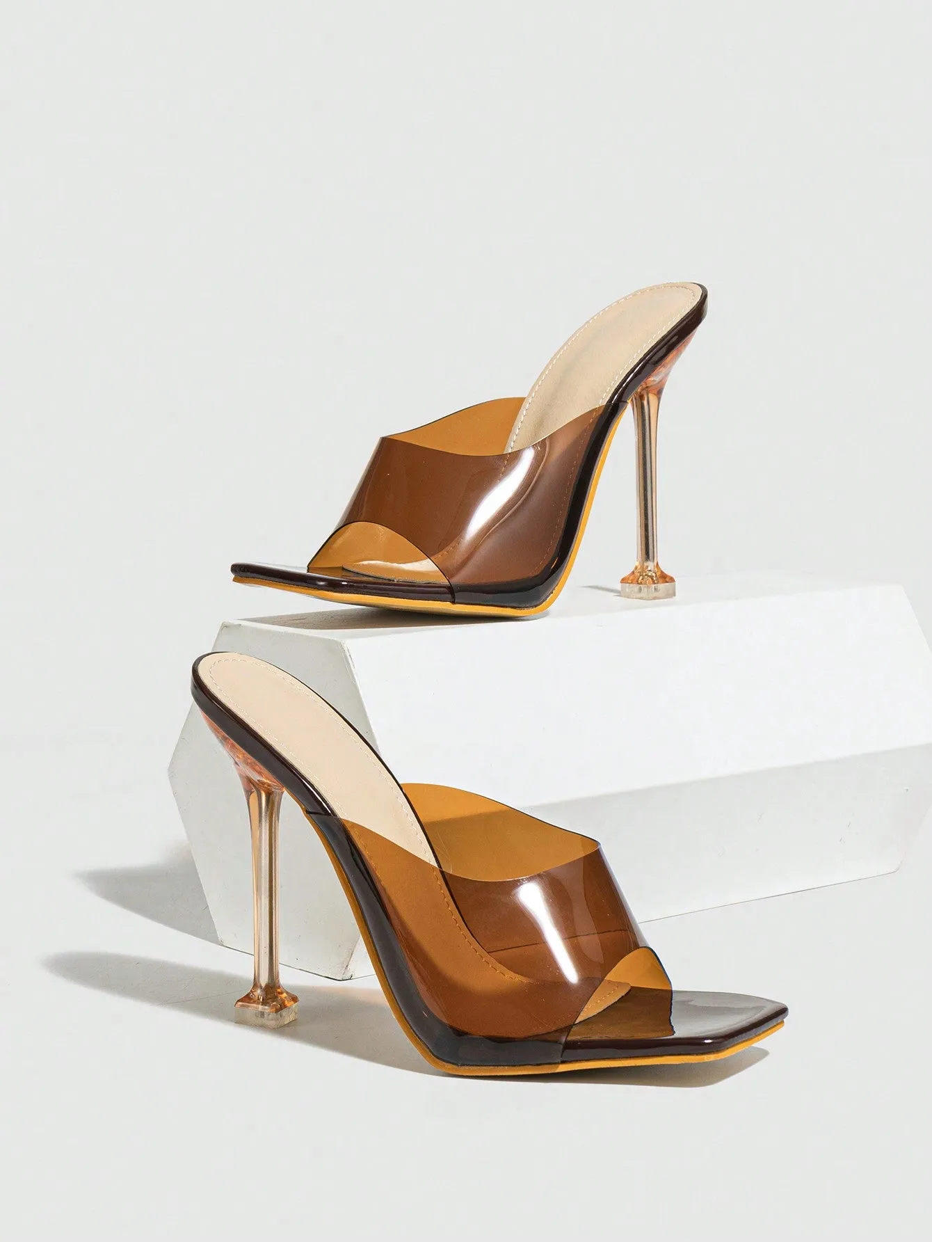 Women's Fish Mouth Open Toe Mule One-step Slip On Clear Heels, Perfect For Summer And Autumn, Clear Heel For Nightclub And Party